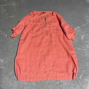 ELLEN TRACY Top Womens Medium Linen Tunic Gold Tassel Roll Tab Sleeve Beach